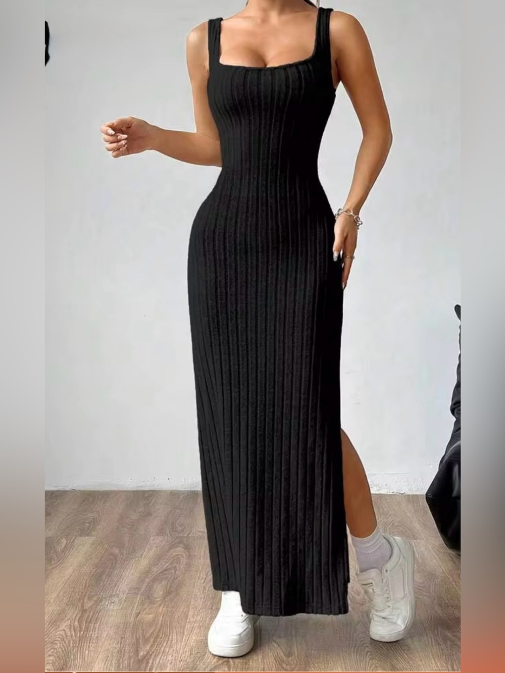 Black open back twist split hem ribbed maxi dress size medium